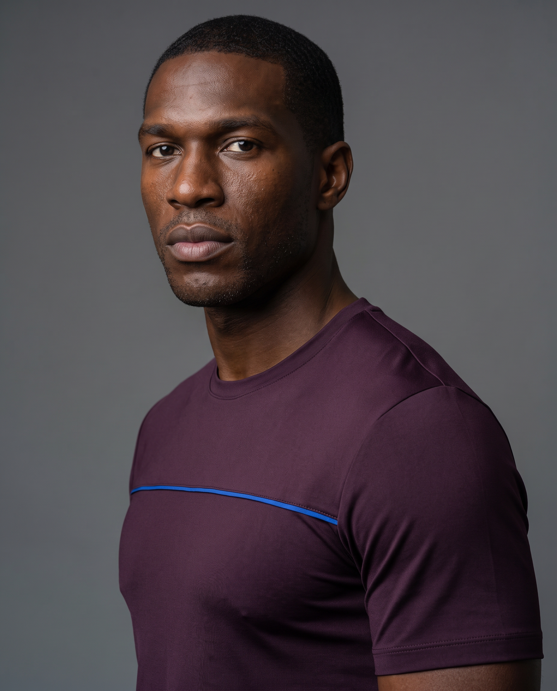 Digital persona — consistent virtual human portrait, premium brand face in plum