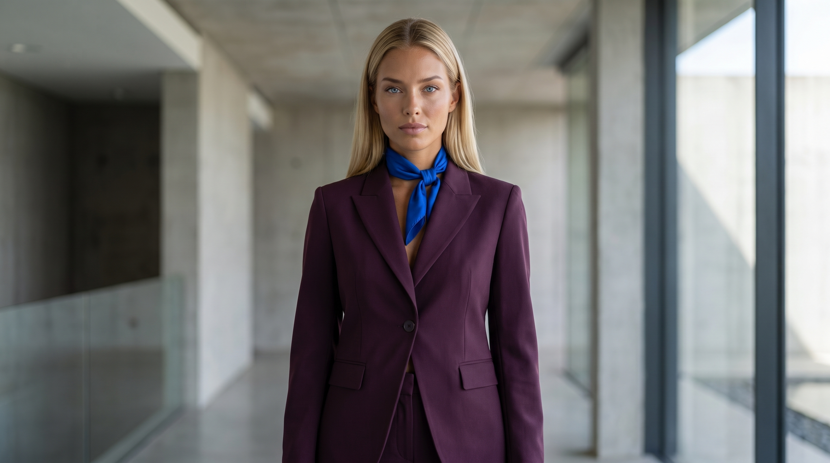 Digital persona in brand campaign look — brand-owned virtual identity, architectural setting