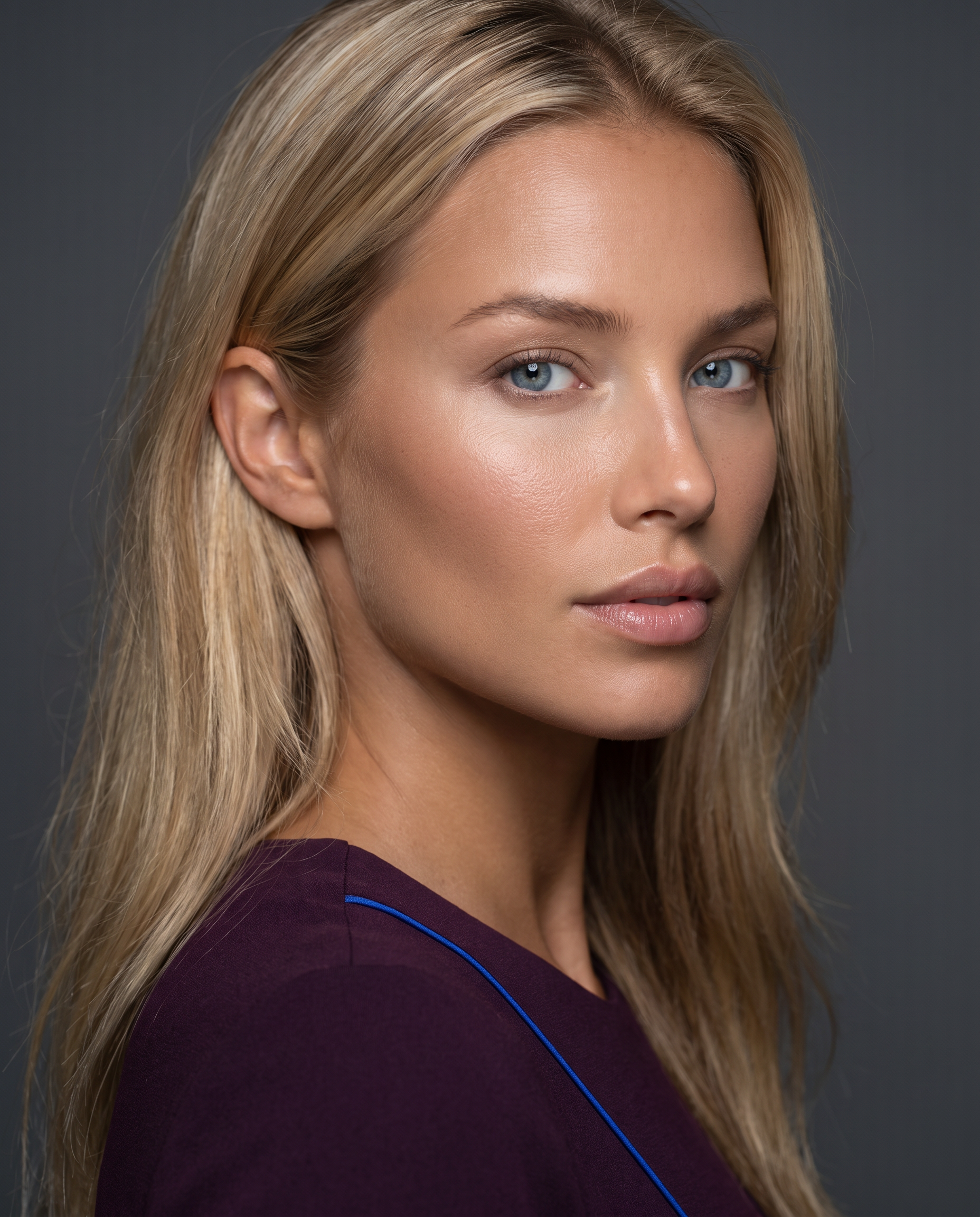 Digital persona — consistent virtual human portrait, premium brand face in plum