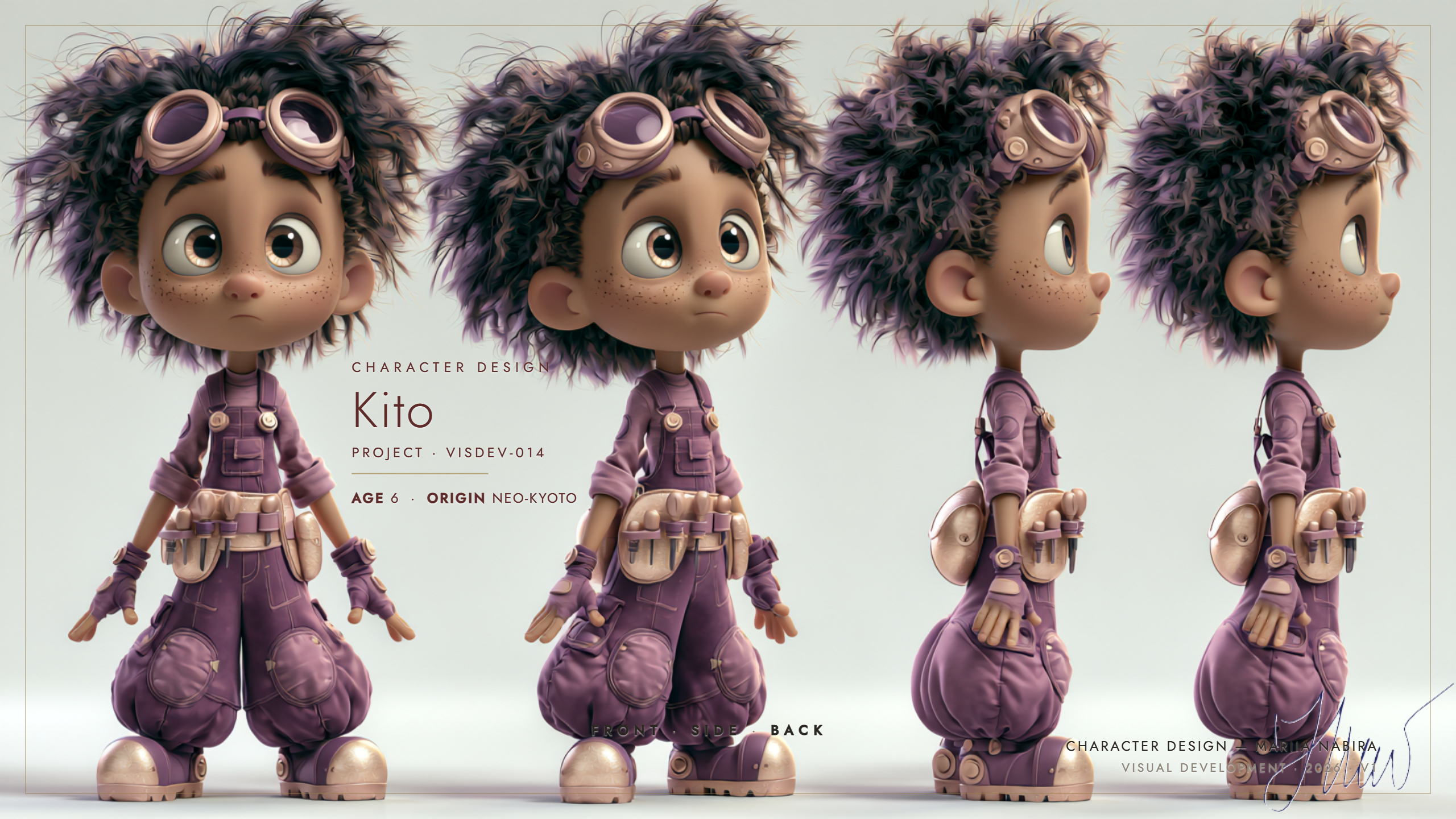 Original character design in Luminous Realism style — model sheet three